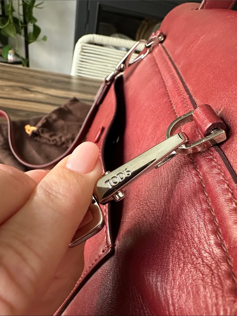 Tod's Deep Red Leather Satchel with Studded Trim